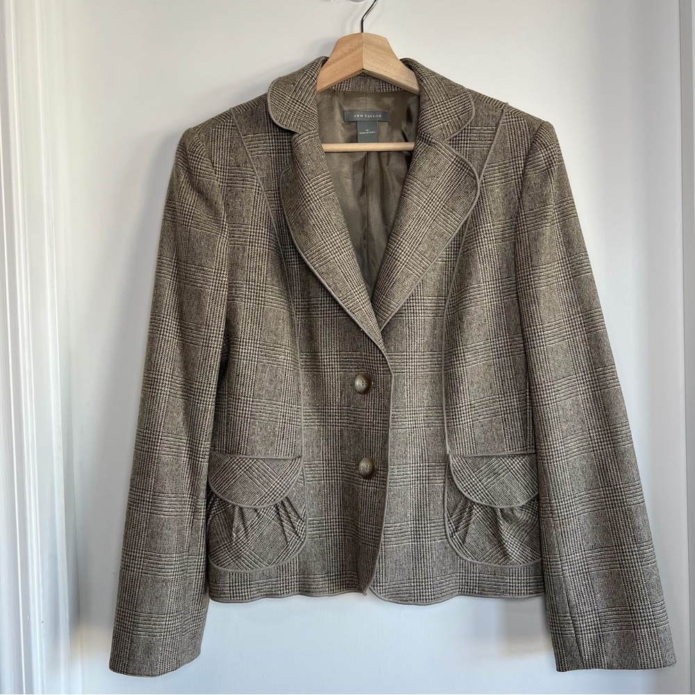 Ann Taylor Virgin Wool Brown Plaid Tailored Blazer Jacket, Size 10‎